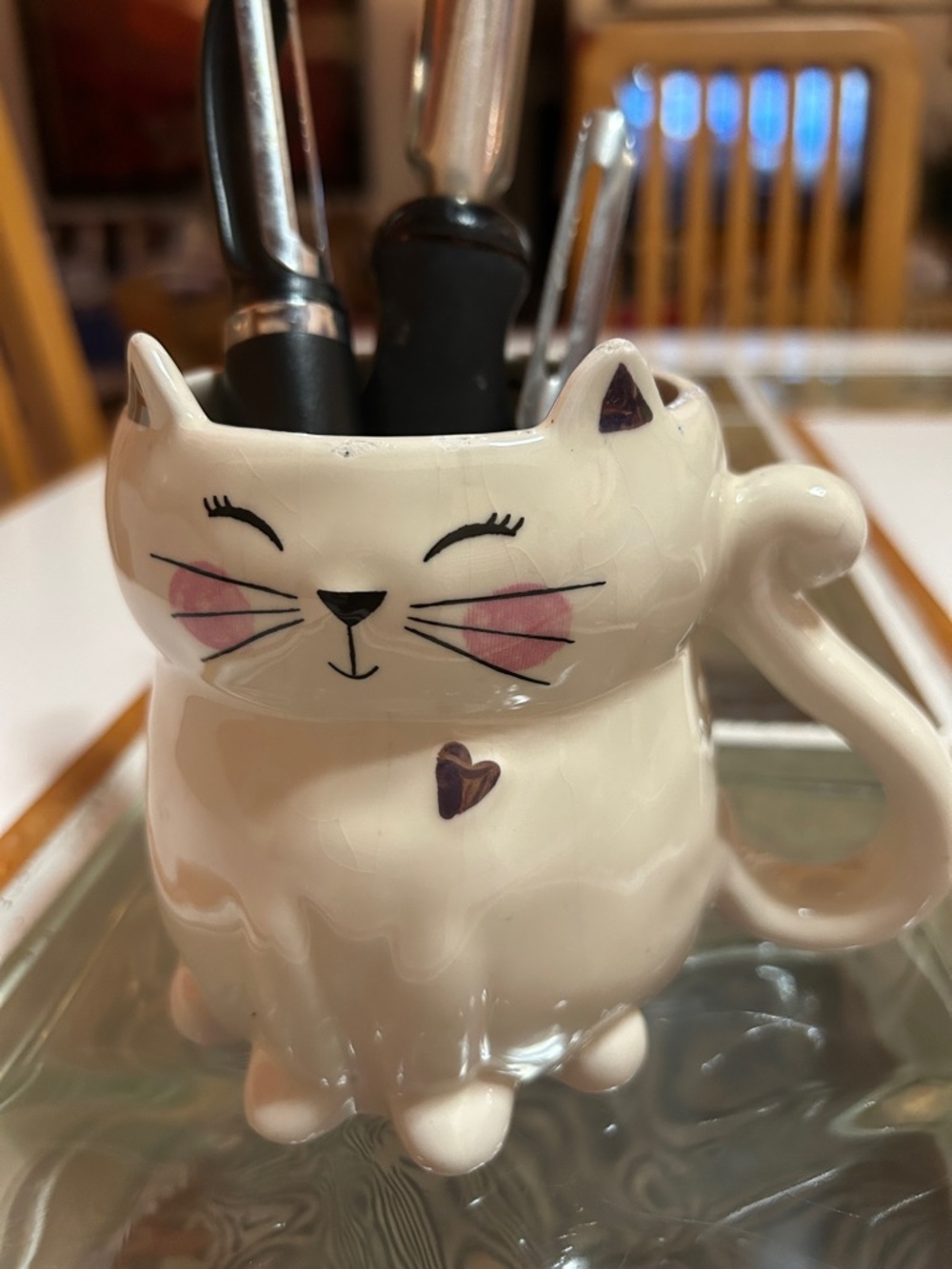Cute White Cat Ceramic Utensil Holder with Pink Cheeks